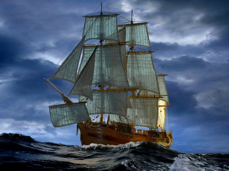 Sailing Ship at Sea — Blue, Dramatic, Night, Digital Art, Ocean