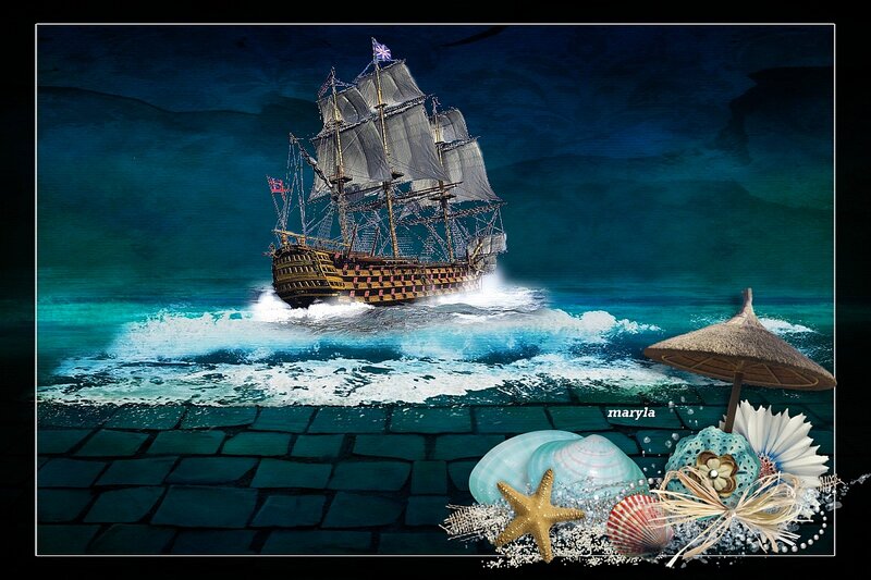 Sailing Ship at Sea — Blue, Dramatic, Night, Digital Art, Seashells