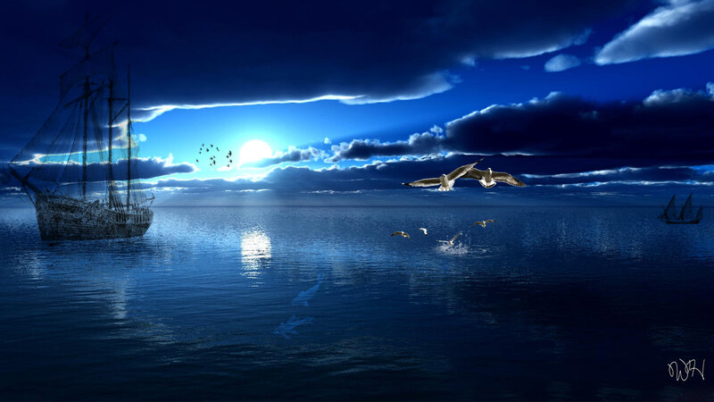 Sailing Ship at Sea — Blue, Dramatic, Night, Digital Art