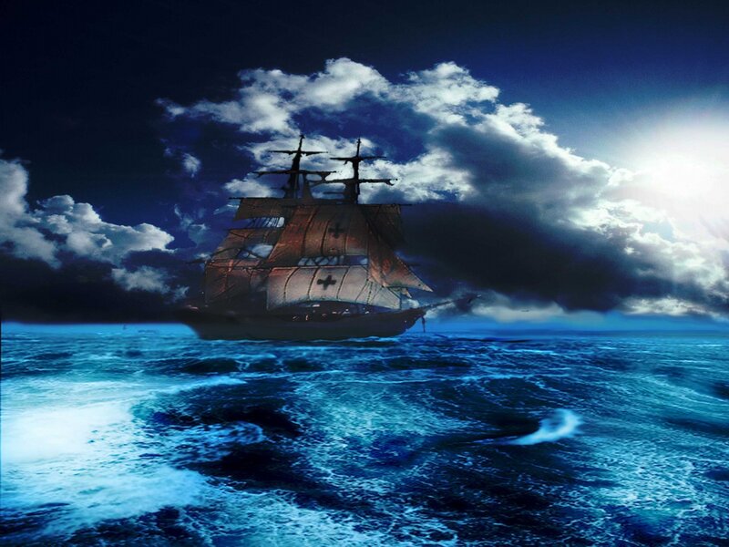 Sailing Ship at Sea — Blue, Dramatic, Night