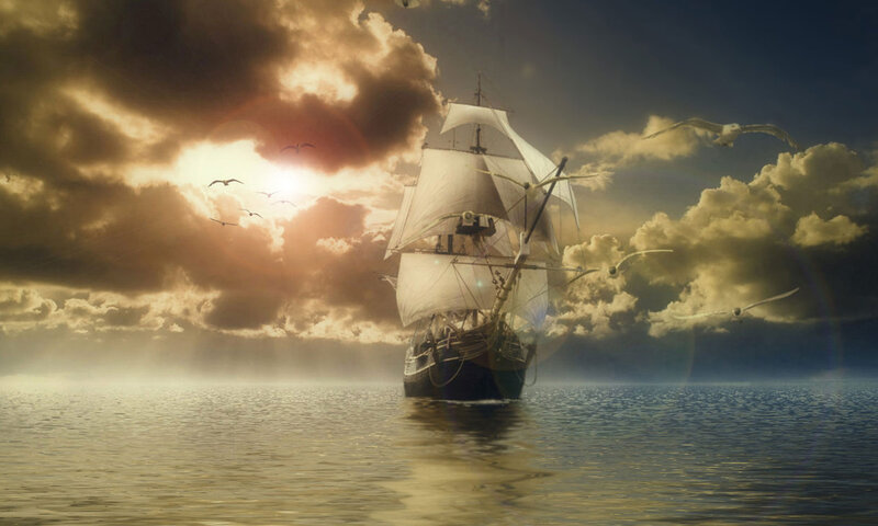 Sailing Ship at Sea — Blue, Dramatic, Sunset, Digital Art, Clouds