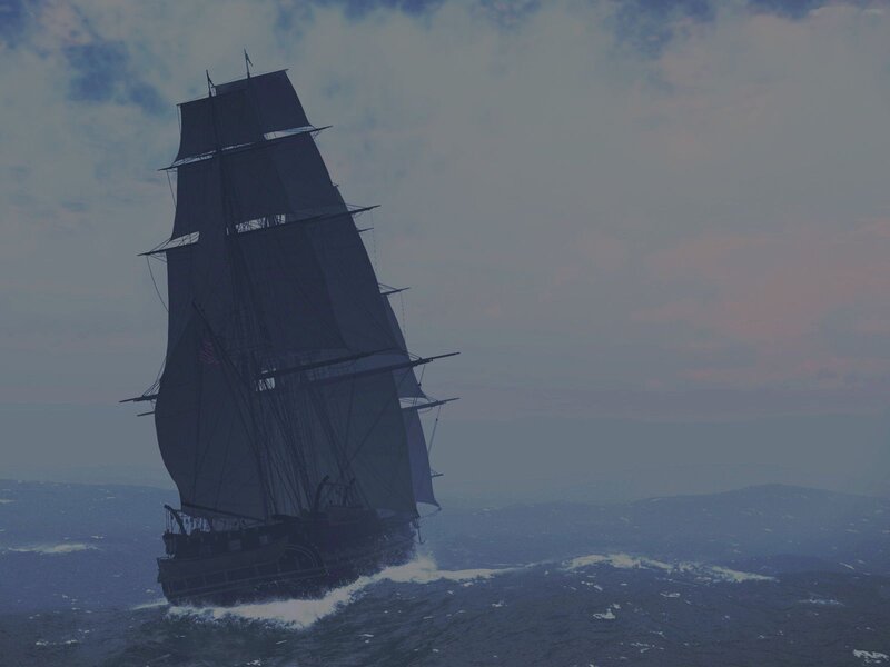 Sailing Ship at Sea — Blue, Dramatic, Sunset, Digital Art, Ocean, Sky, Clouds