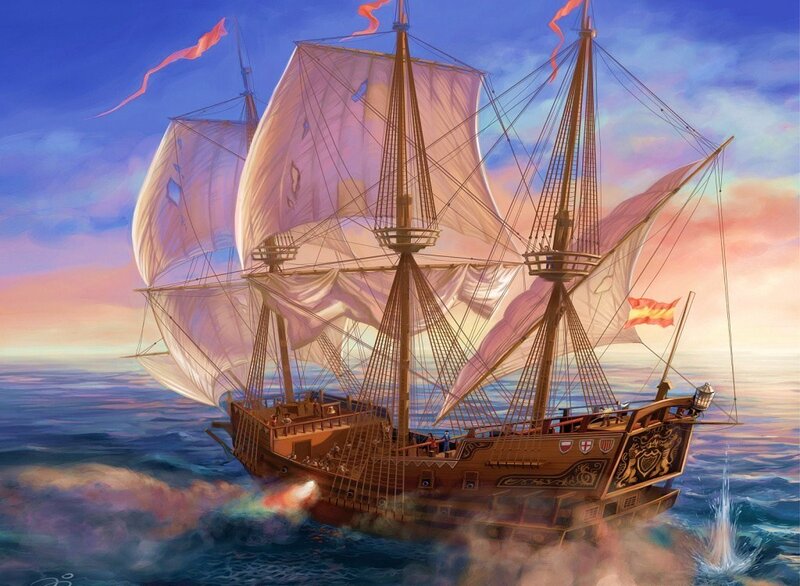 Sailing Ship at Sea — Blue, Dramatic, Sunset, Digital Art, Ocean, Sky, Sails