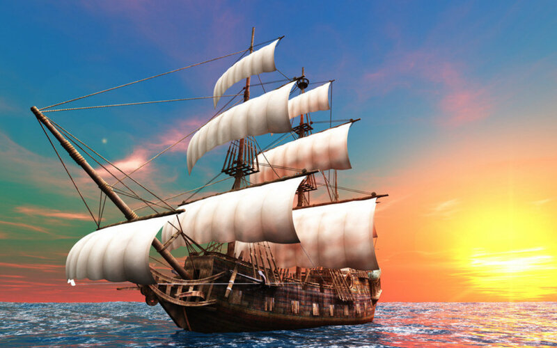 Sailing Ship at Sea — Blue, Dramatic, Sunset, Digital Art, Ocean, Sky