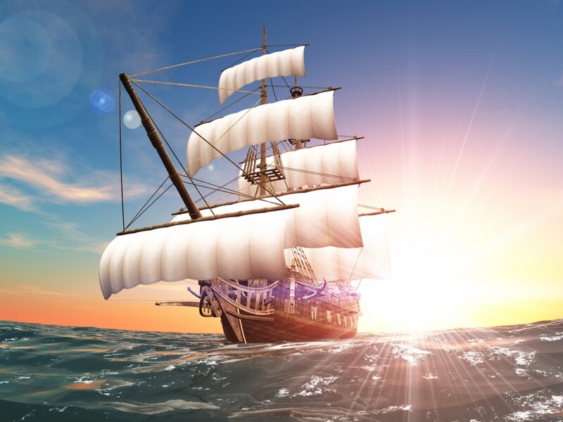 Sailing Ship at Sea — Blue, Dramatic, Sunset, Digital Art, Ocean