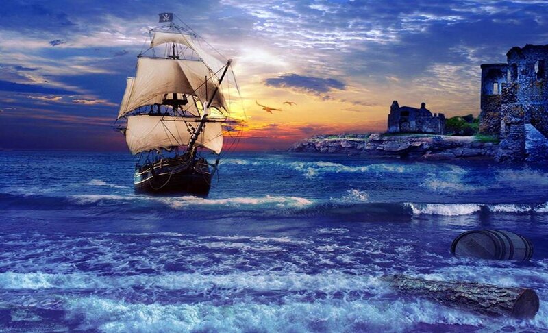 Sailing Ship at Sea — Blue, Dramatic, Sunset, Digital Art, Ruins
