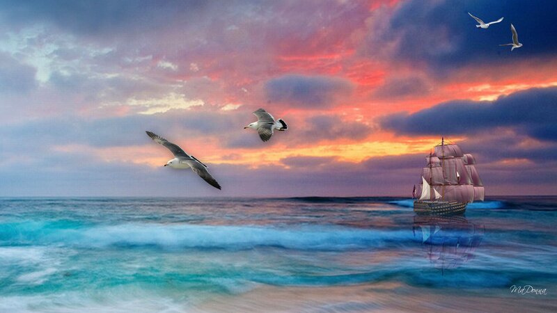 Sailing Ship at Sea — Blue, Dramatic, Sunset, Digital Art, Seagulls