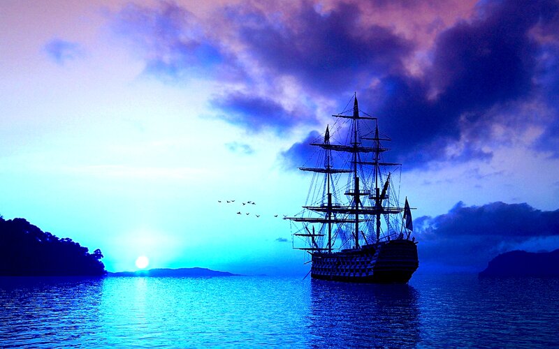 Sailing Ship at Sea — Blue, Dramatic, Sunset, Digital Art, Sun
