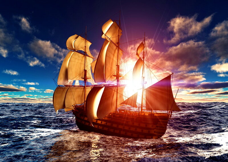 Sailing Ship at Sea — Blue, Dramatic, Sunset, Digital Art