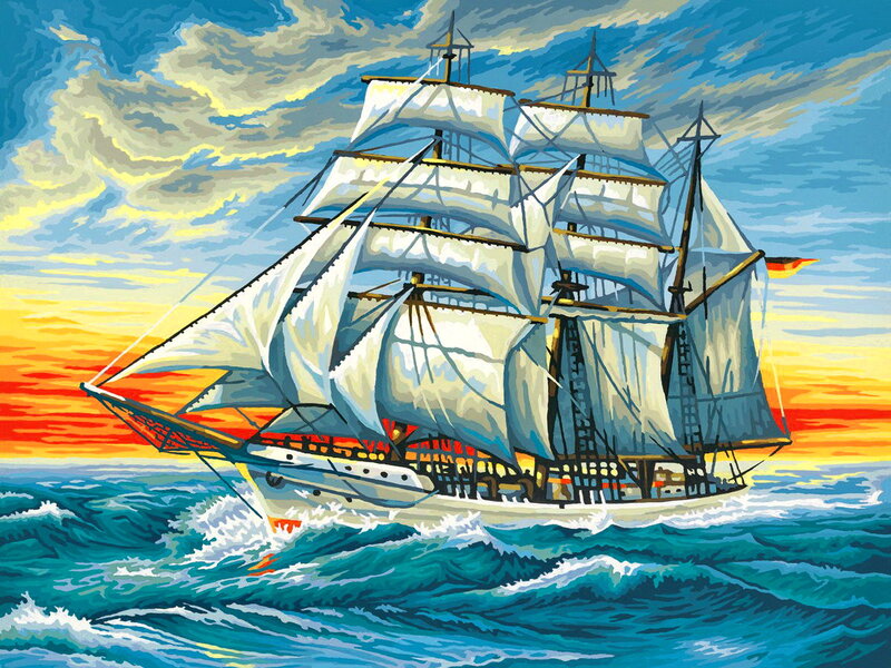 Sailing Ship at Sea — Blue, Dramatic, Sunset, Illustration