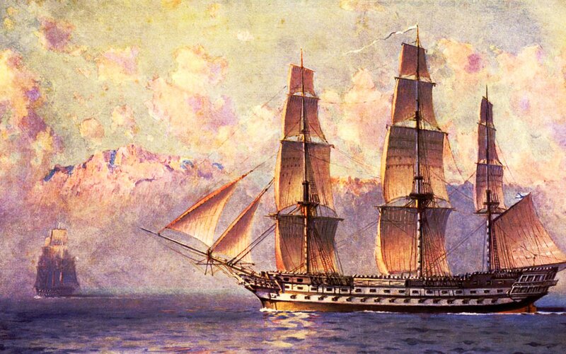 Sailing Ship at Sea — Blue, Dramatic, Sunset, Painting, Mountains