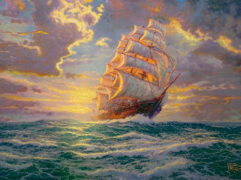 Sailing Ship at Sea — Blue, Dramatic, Sunset, Painting, Ocean, Clouds