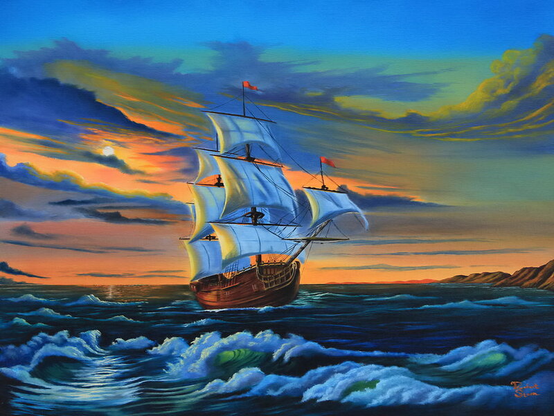 Sailing Ship at Sea — Blue, Dramatic, Sunset, Painting, Ocean, Sky, Clouds