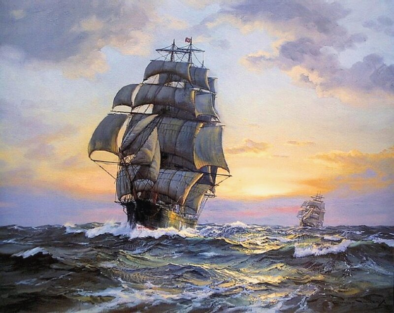 Sailing Ship at Sea — Blue, Dramatic, Sunset, Painting, Ocean, Sky, Sailboat