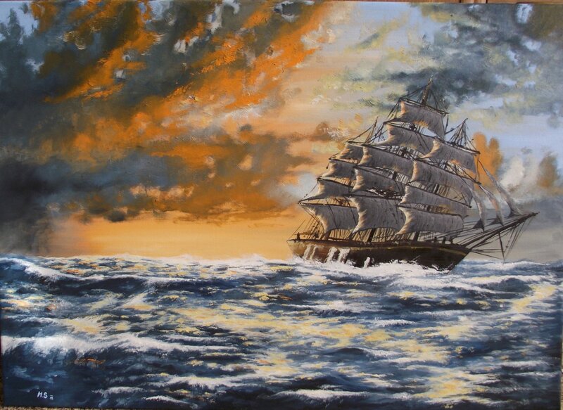 Sailing Ship at Sea — Blue, Dramatic, Sunset, Painting, Ocean, Sky