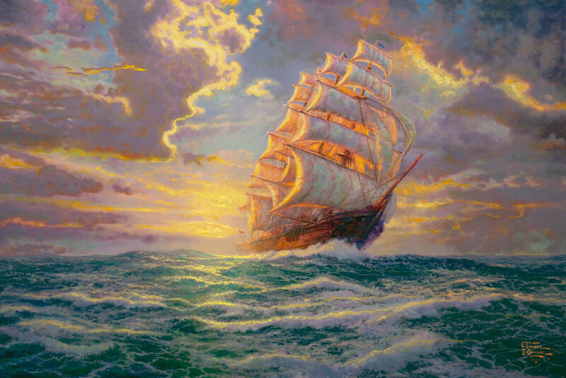 Sailing Ship at Sea — Blue, Dramatic, Sunset, Painting, Ocean