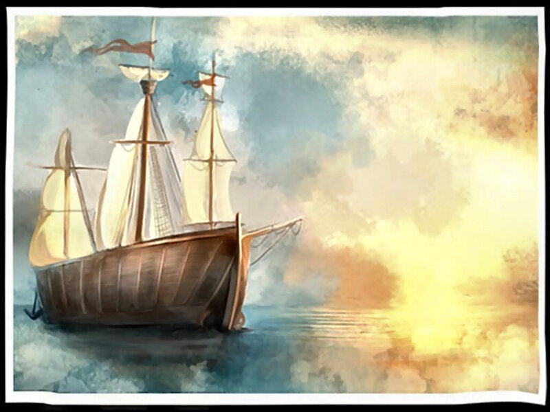 Sailing Ship at Sea — Blue, Dramatic, Sunset, Painting