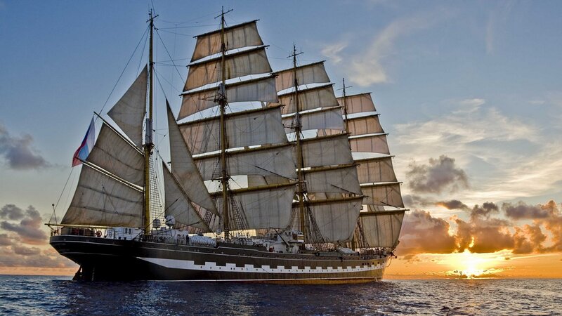 Sailing Ship at Sea — Blue, Dramatic, Sunset, Photograph, Ocean
