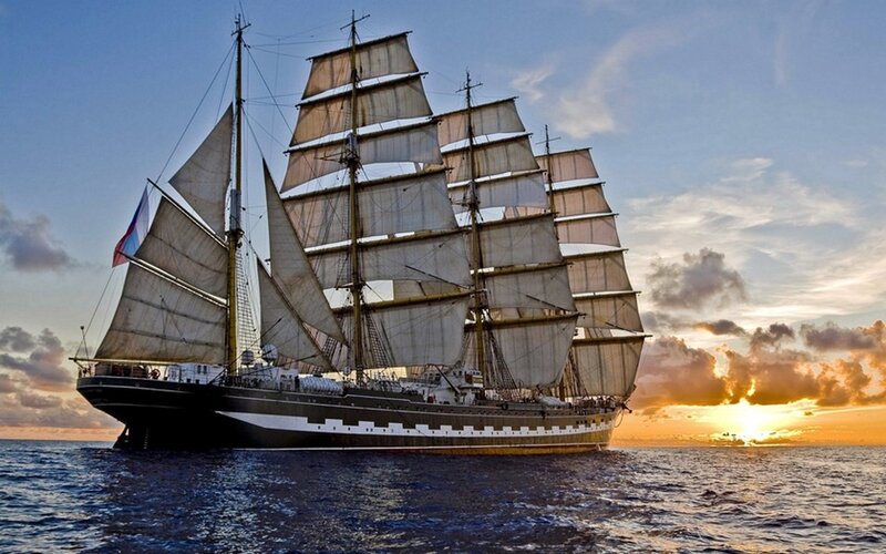 Sailing Ship at Sea — Blue, Dramatic, Sunset, Photograph