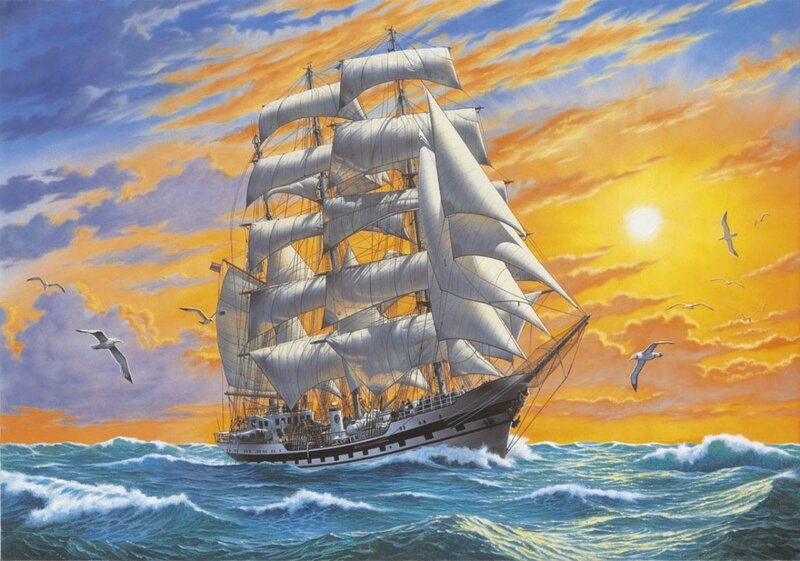 Sailing Ship at Sea — Blue, Dramatic