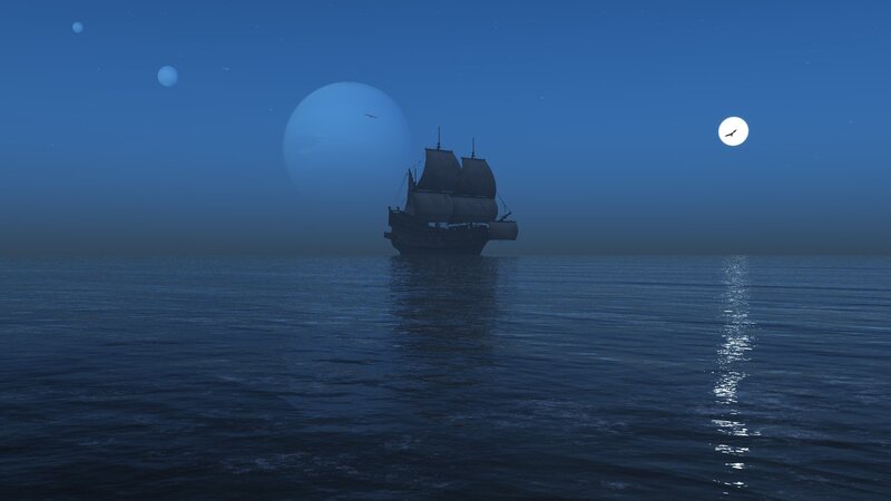 Sailing Ship at Sea — Blue, Serene, Night, 3d Render
