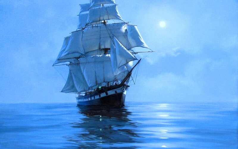Sailing Ship at Sea — Blue, Serene, Night