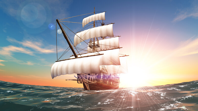 Sailing Ship at Sea — Blue, Serene, Sunset, 3d Render