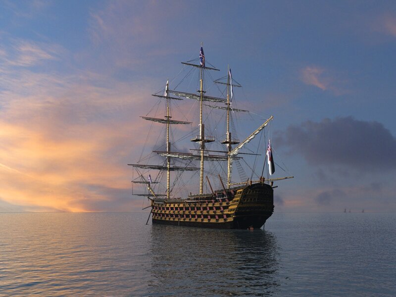 Sailing Ship at Sea — Blue, Serene, Sunset, Digital Art, Sky