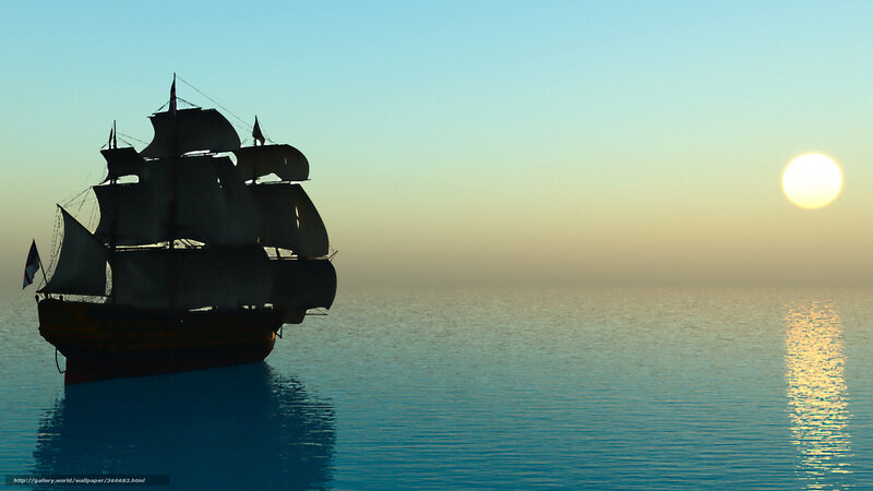 Sailing Ship at Sea — Blue, Serene, Sunset, Digital Art, Sun