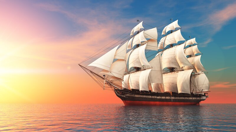 Sailing Ship at Sea — Blue, Serene, Sunset, Digital Art