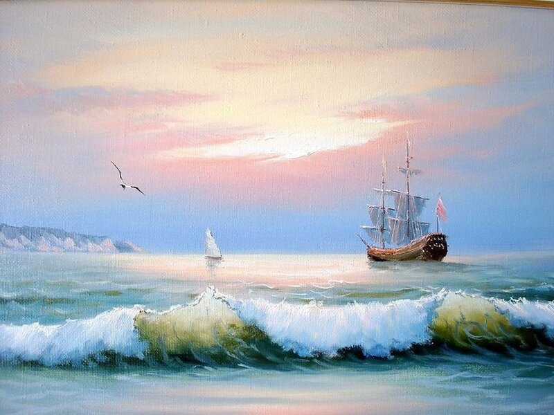 Sailing Ship at Sea — Blue, Serene, Sunset, Painting, Seagull