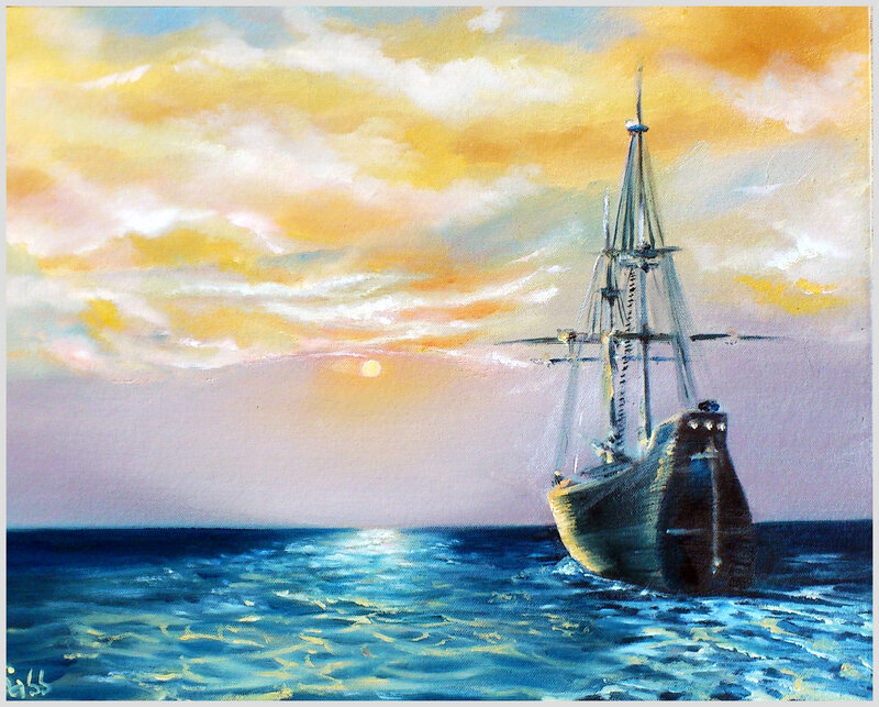 Sailing Ship at Sea — Blue, Serene, Sunset, Painting