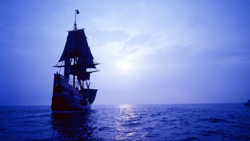 Sailing Ship at Sea — Blue, Serene, Sunset, Photograph, Ocean, Sky, Sun, White