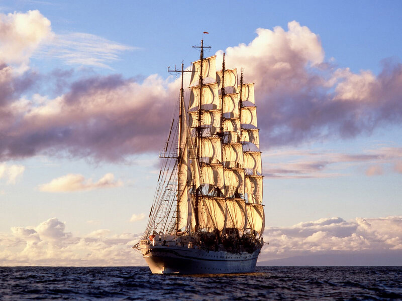 Sailing Ship at Sea — Blue, Serene, Sunset, Photograph