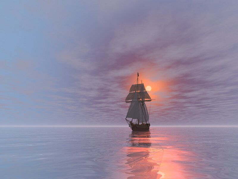 Sailing Ship at Sea — Blue, Serene, Sunset