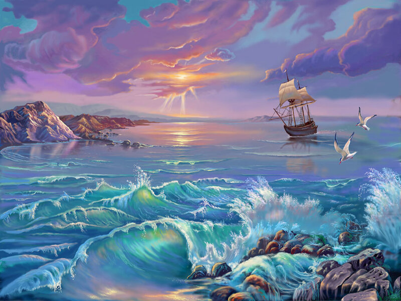 Sailing Ship at Sea — Blue