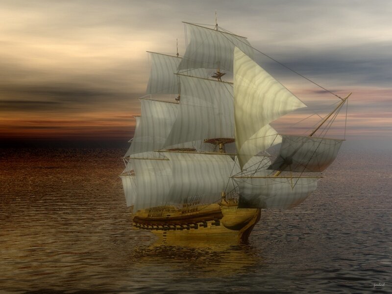 Sailing Ship at Sea — Brown, Dramatic, Sunset, Digital Art