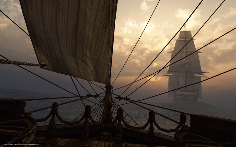 Sailing Ship at Sea — Brown, Dramatic, Sunset