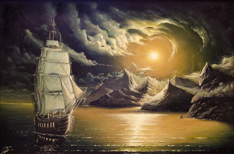 Sailing Ship at Sea — Dark Blue