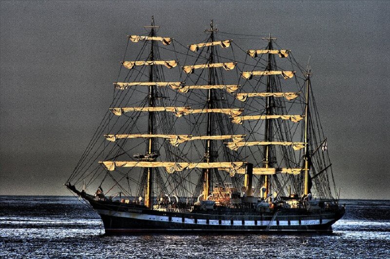 Sailing Ship at Sea — Gray, Dramatic, Photograph