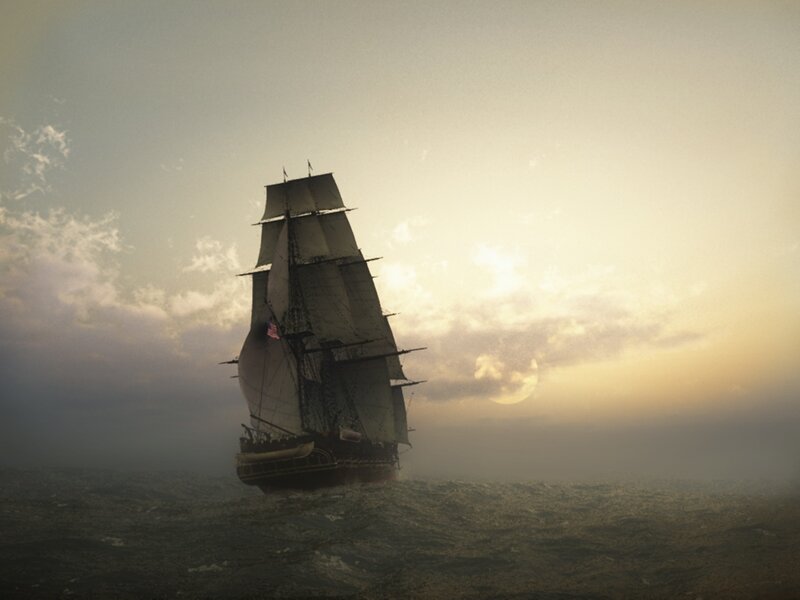Sailing Ship at Sea — Gray, Dramatic, Sunset, Digital Art, Ocean