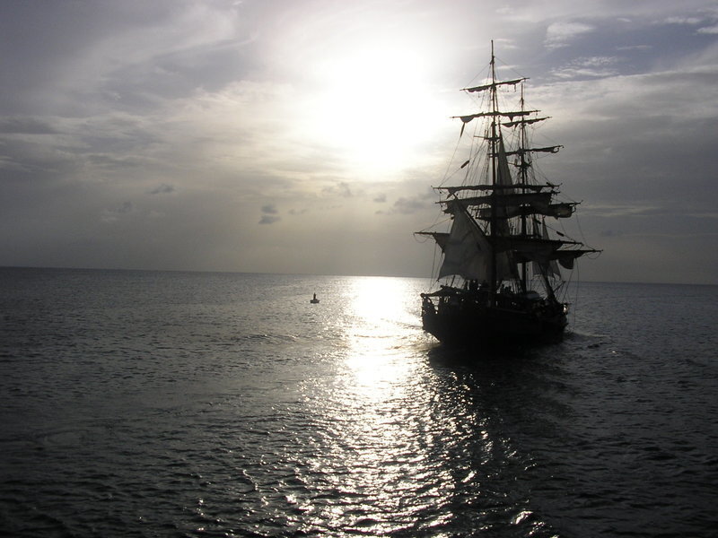 Sailing Ship at Sea — Gray, Dramatic, Sunset, Photograph