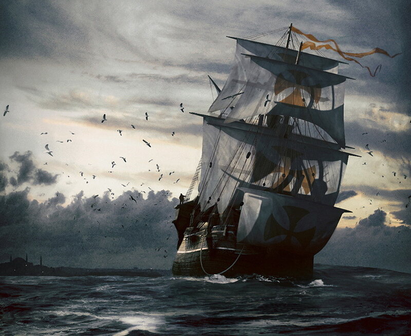 Sailing Ship at Sea — Gray, Dramatic