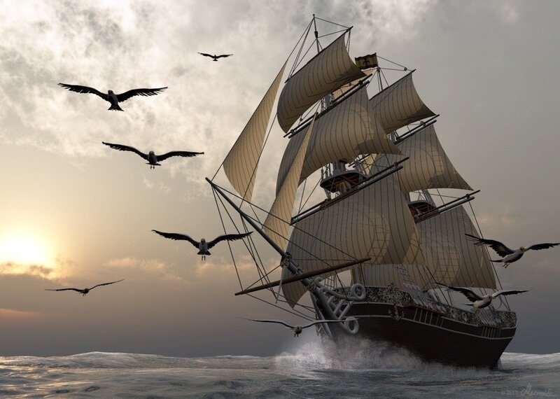 Sailing Ship at Sea — Gray