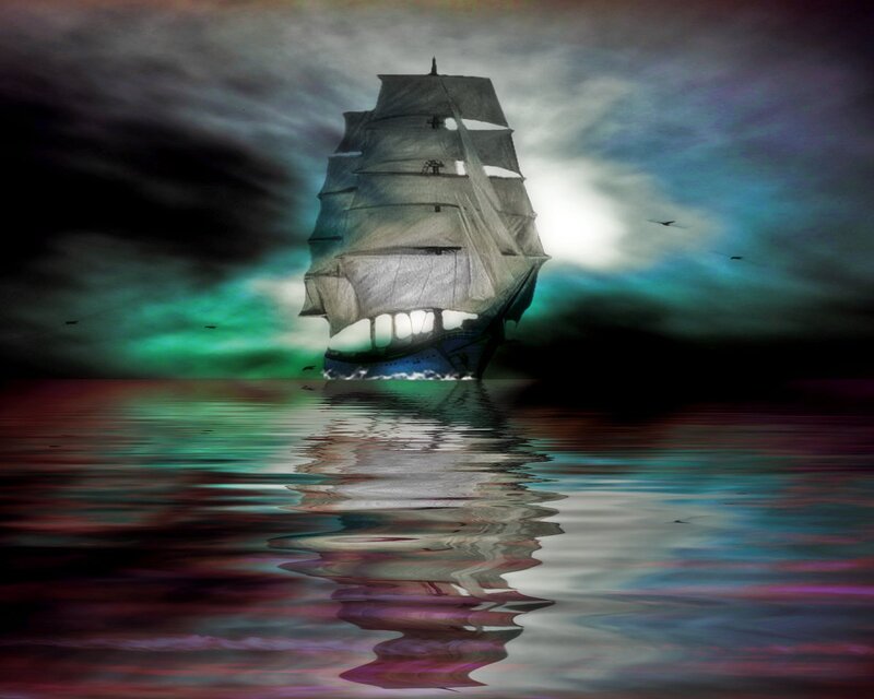 Sailing Ship at Sea — Green, Dramatic, Night