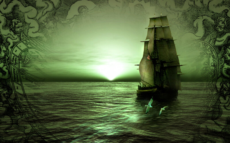 Sailing Ship at Sea — Green, Dramatic, Sunset