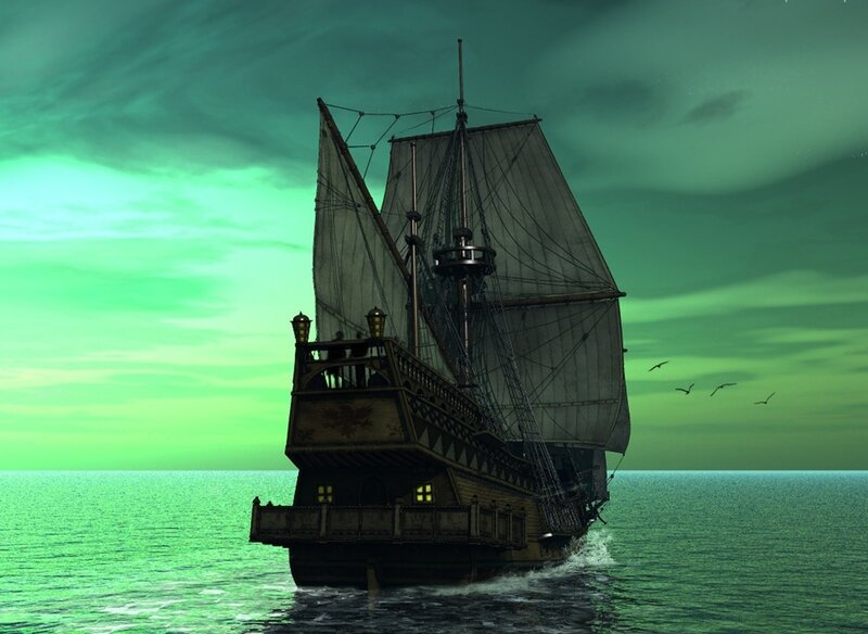 Sailing Ship at Sea — Green, Dramatic