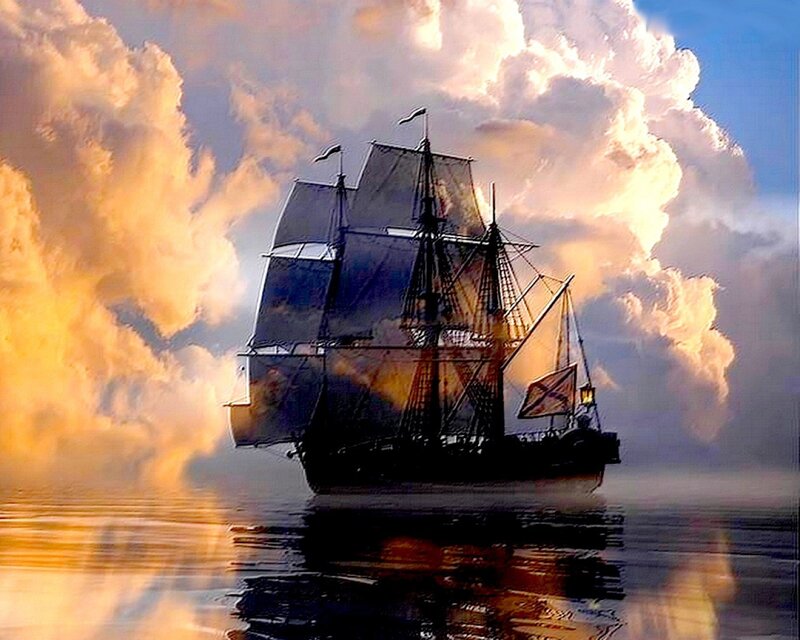 Sailing Ship at Sea — Orange, Dramatic, Sunset, Digital Art, Clouds