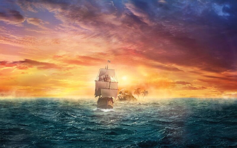 Sailing Ship at Sea — Orange, Dramatic, Sunset, Digital Art, Island, Palm Trees, Skull Rock