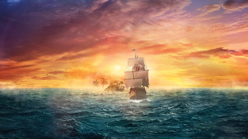 Sailing Ship at Sea — Orange, Dramatic, Sunset, Digital Art, Island, Palm Trees